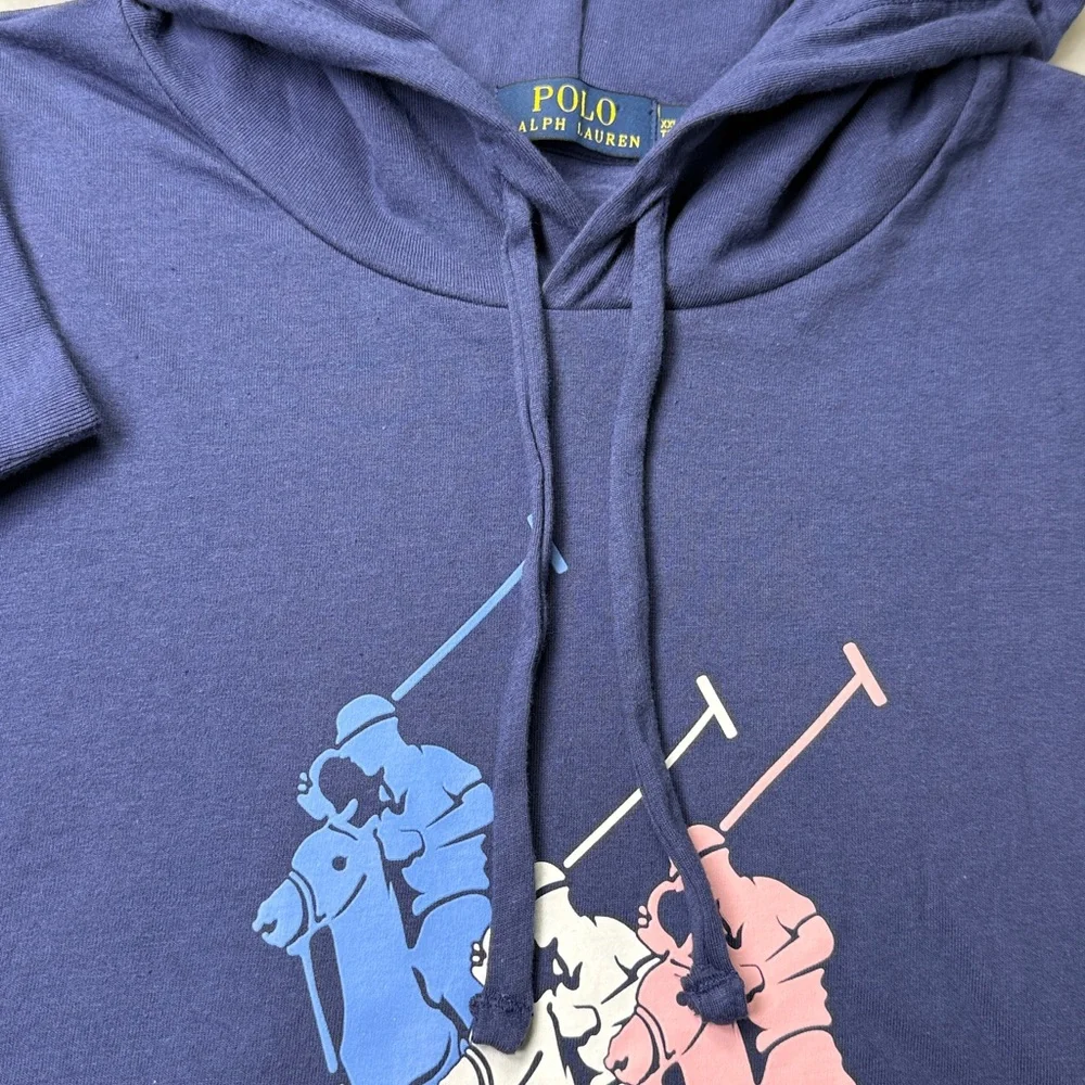 Polo Ralph Lauren 3 Big Pony Jersey Hooded T Shirt‎ Hoodie XXL Navy Long Sleeve